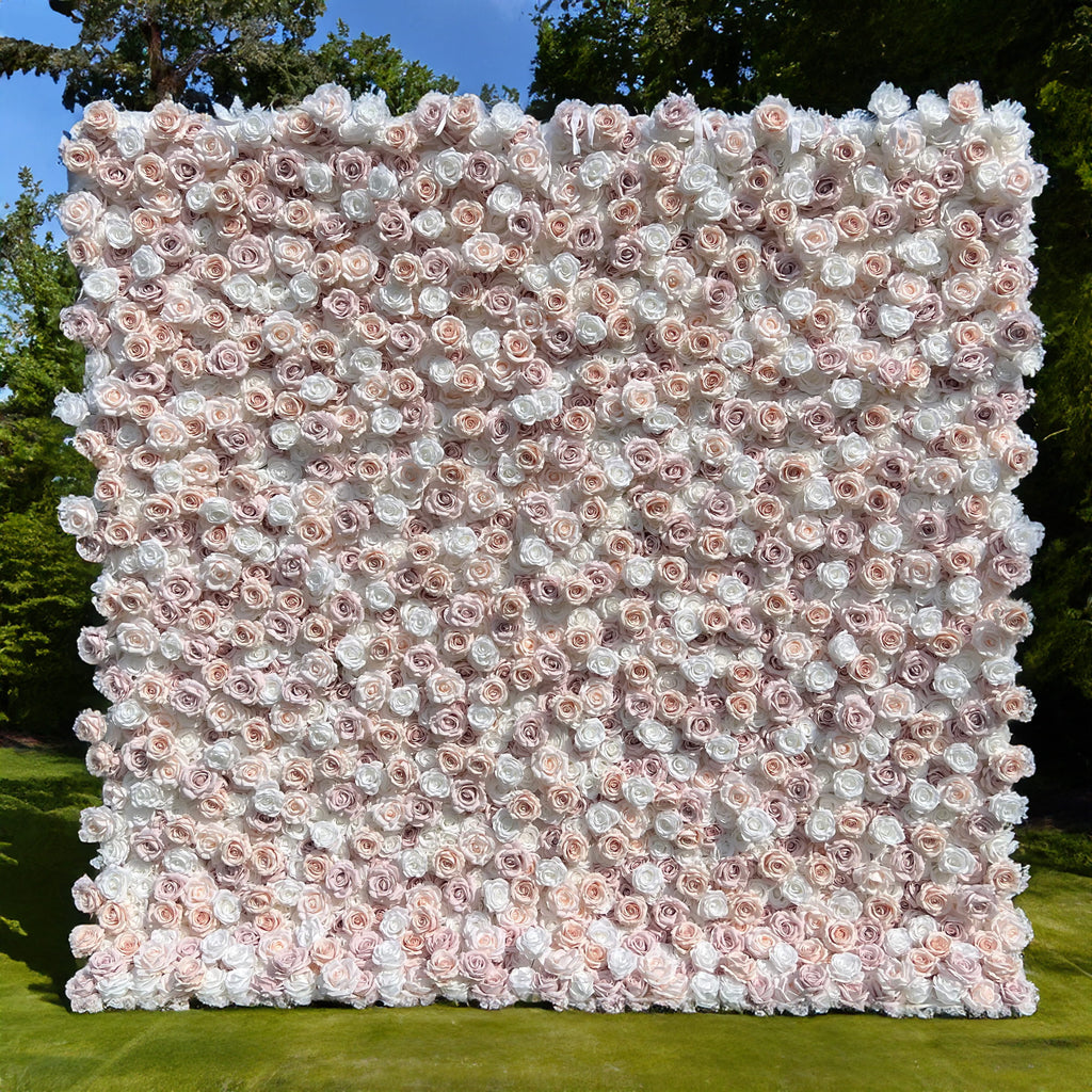 Elegant White & Light Pink Flower Wall Backdrop - Roll-Up Fabric Wall - Bridal Party Decor - Wedding Venues Celebration Floral Wall | VF-600