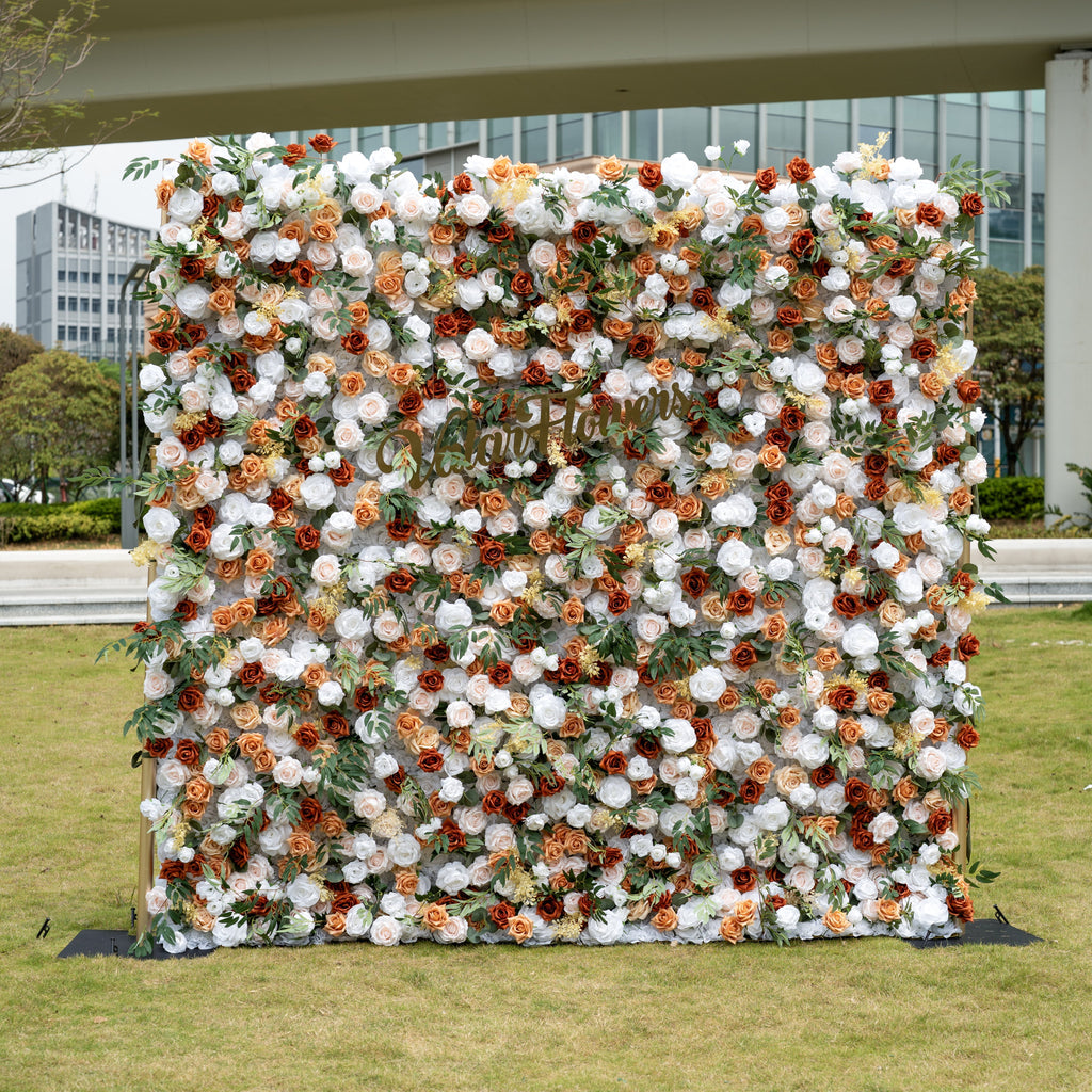 Terracotta & Blush Rose Flower Wall Backdrop: Warm Rustic Bloom Display | VF-831