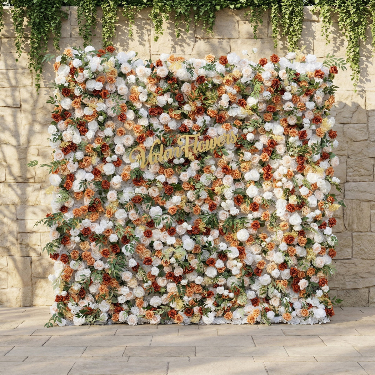 Terracotta & Blush Rose Flower Wall Backdrop: Warm Rustic Bloom Display | VF-831