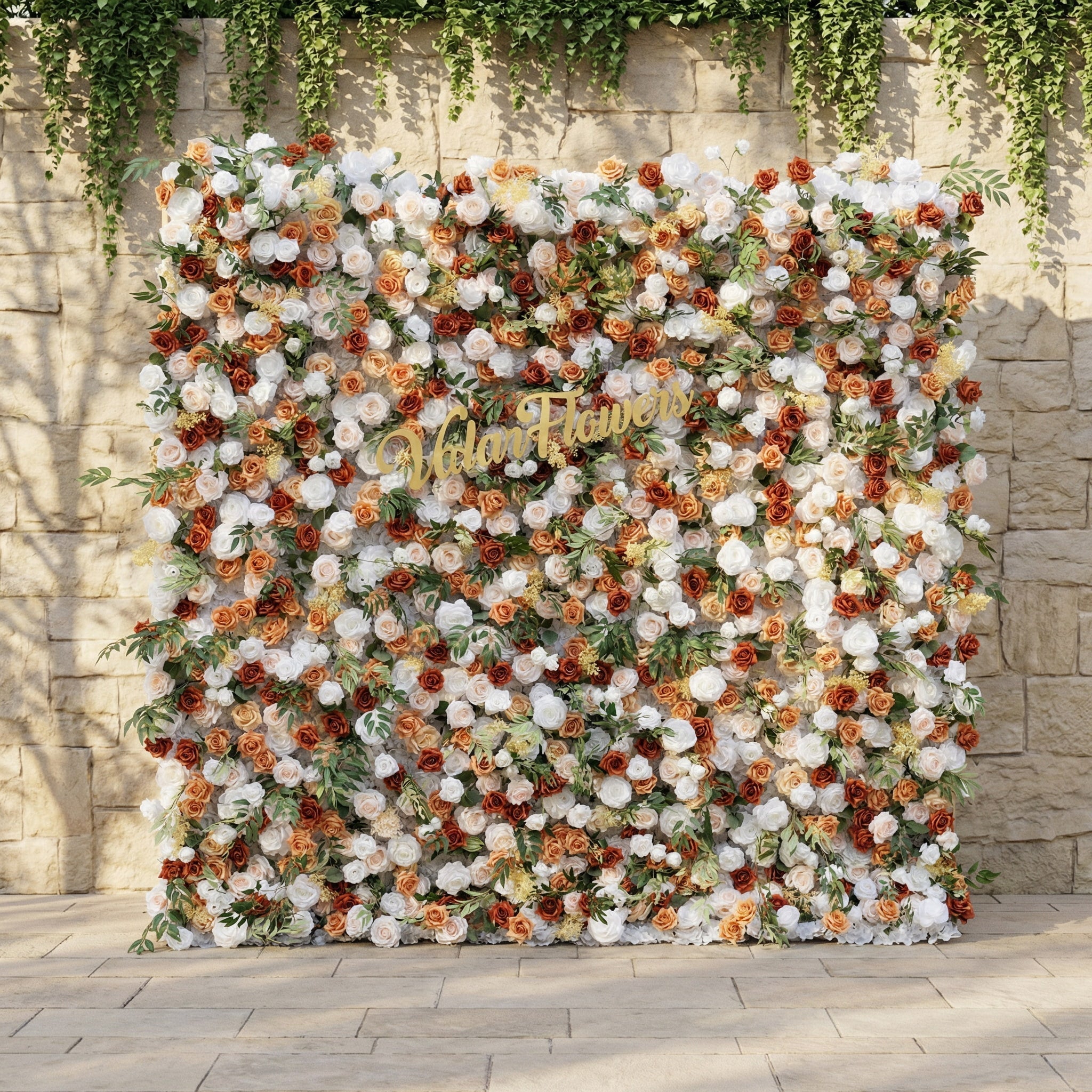Terracotta & Blush Rose Flower Wall Backdrop: Warm Rustic Bloom Display | VF-831