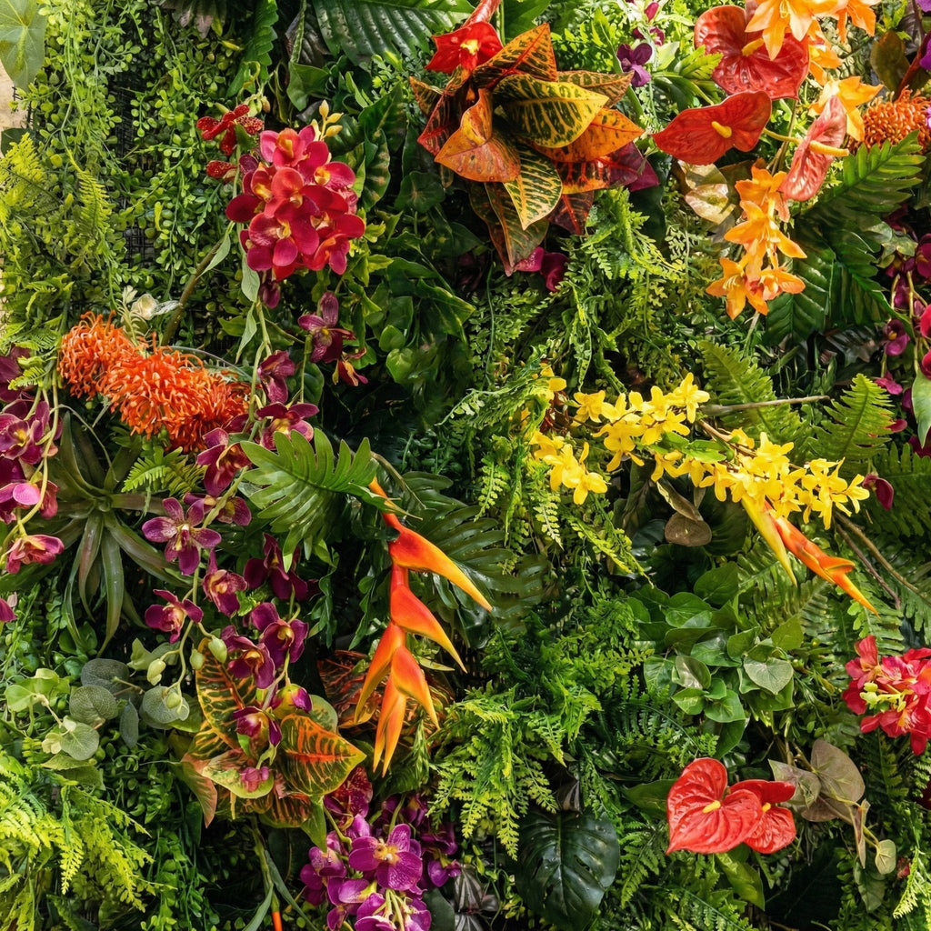 Tropical Rainforest Mixed-Bloom Flower Wall Backdrop: Lush Exotic Floral & Foliage Display | VF-835