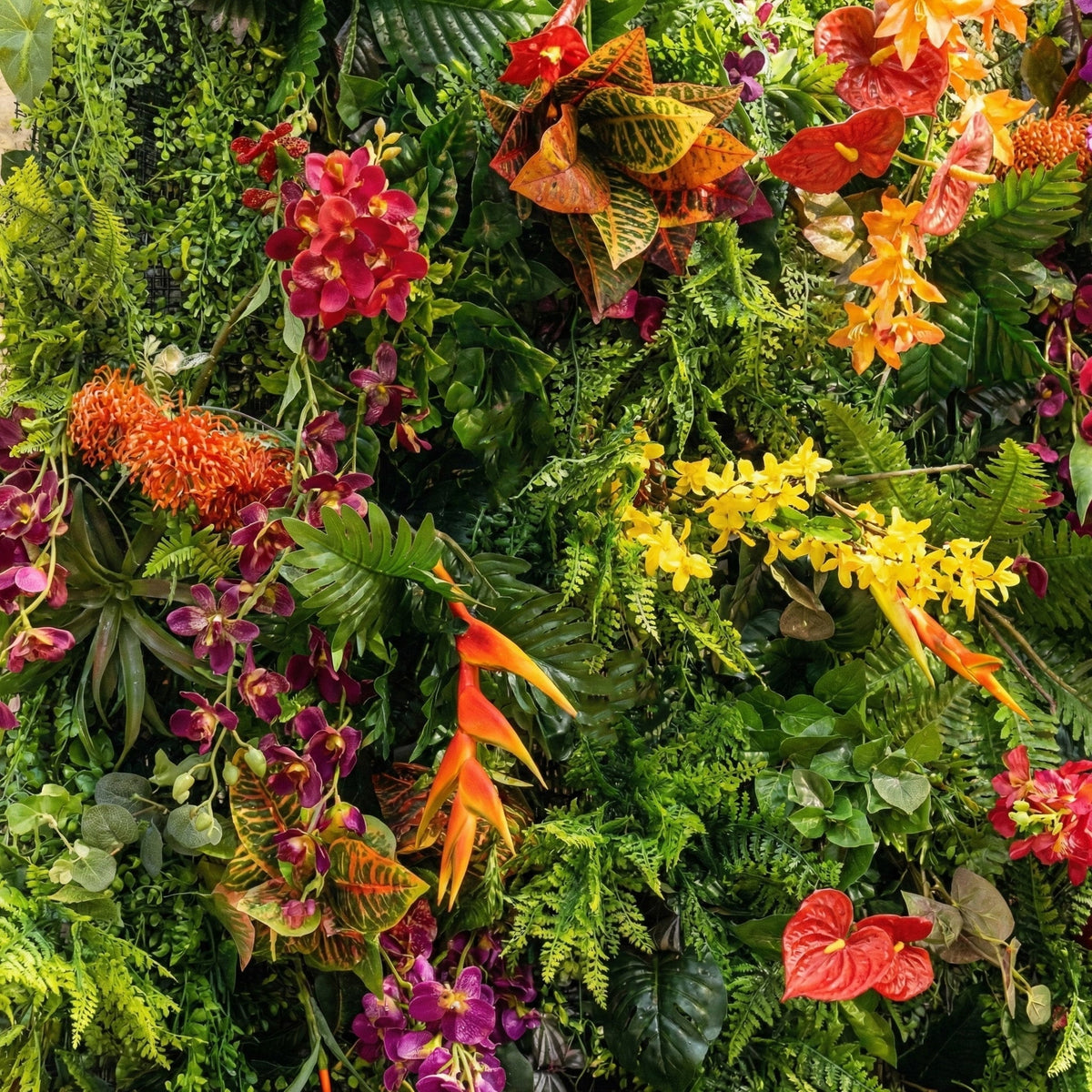 Tropical Rainforest Mixed-Bloom Flower Wall Backdrop: Lush Exotic Floral & Foliage Display | VF-835