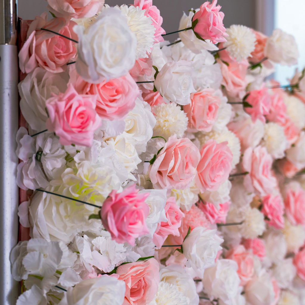 ' Exquisite Flower Wall: A Blend of Elegance and Durability with Soft Pink and White Artificial Blooms. Ideal for Weddings and Events. Easy Setup | VF-409