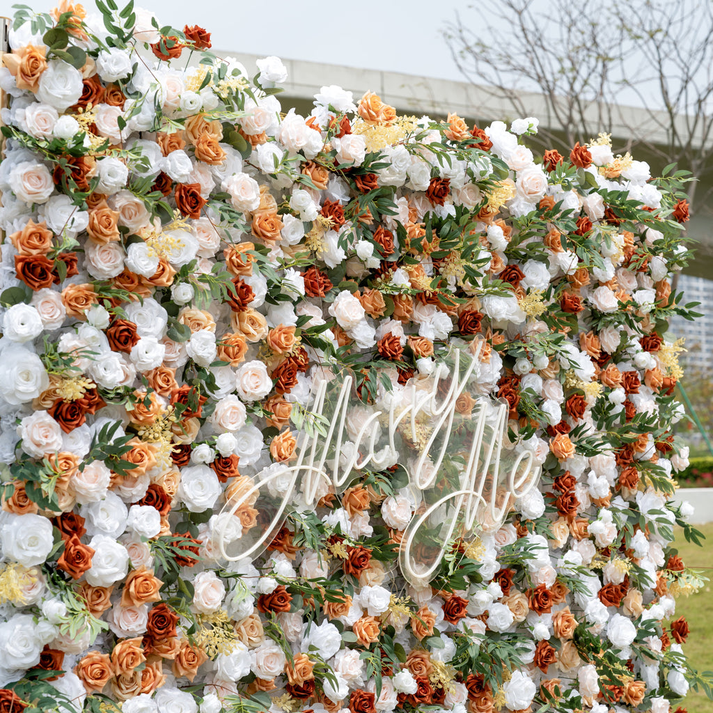 Terracotta & Blush Rose Flower Wall Backdrop: Warm Rustic Bloom Display | VF-831