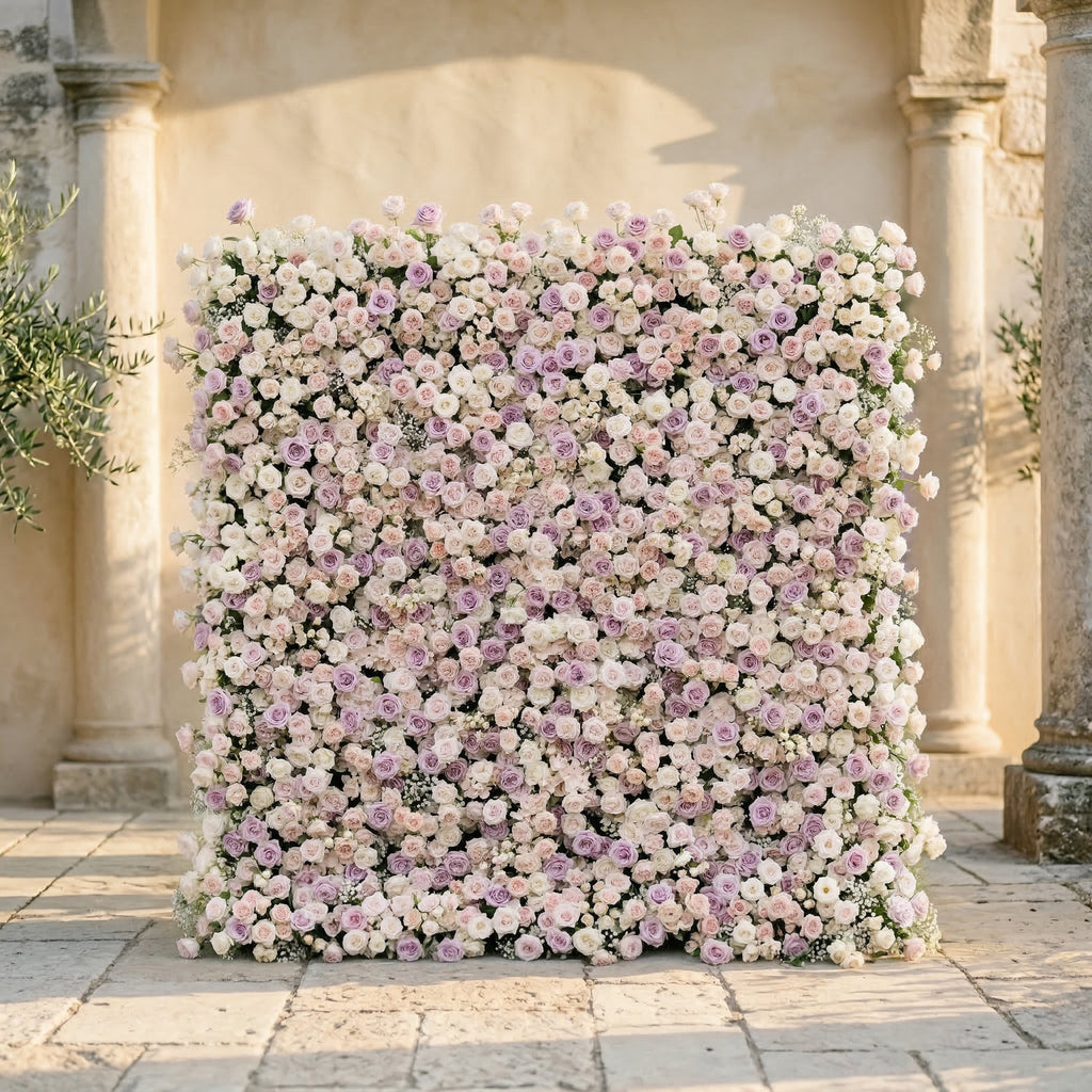Alirae: 5D Sweet Lilac & Cream Silk Rose Flower Wall Roll-Up Fabric Backdrop for Elegant Anniversary & Event Decor Free Shipping