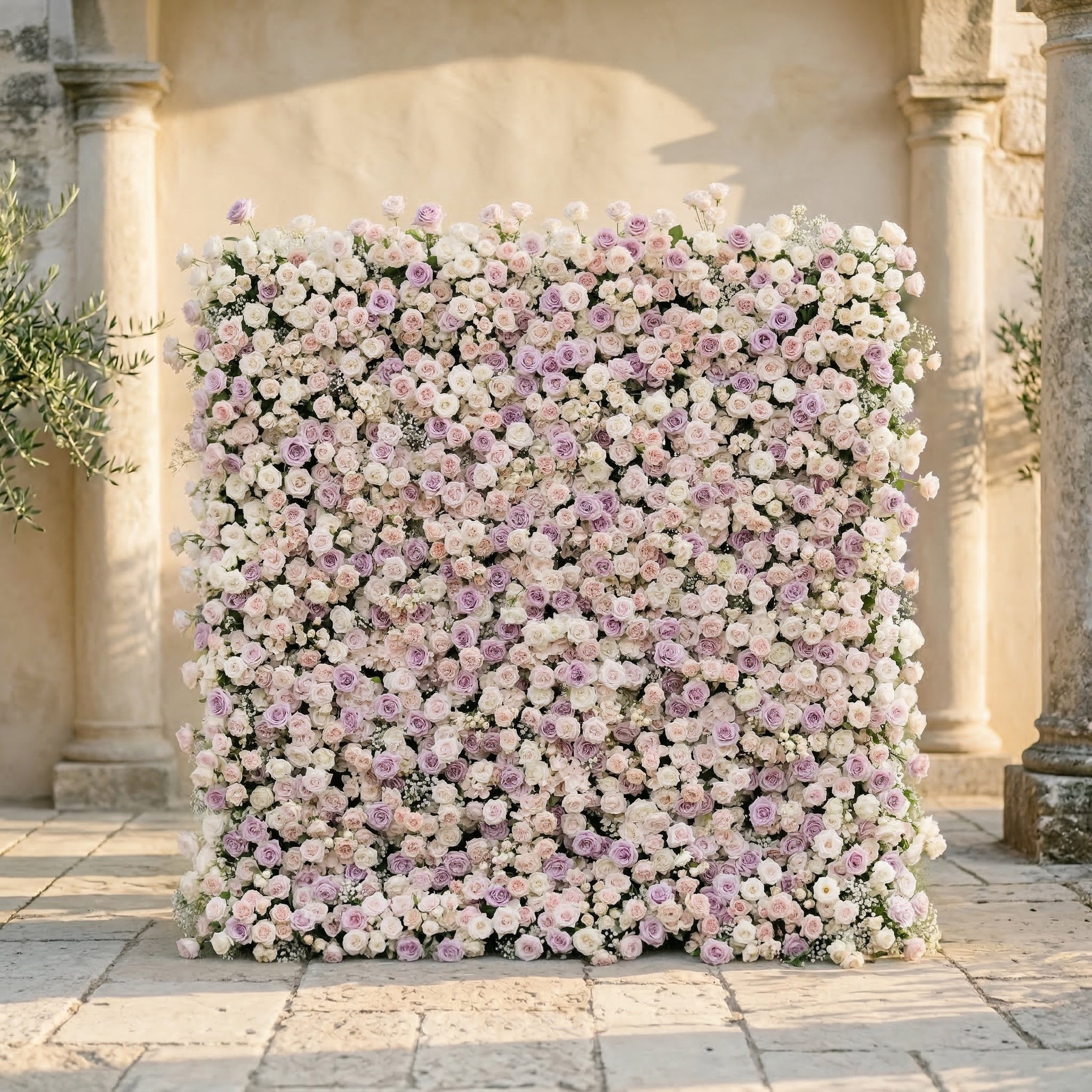 Alirae: 5D Sweet Lilac & Cream Silk Rose Flower Wall Roll-Up Fabric Backdrop for Elegant Anniversary & Event Decor Free Shipping
