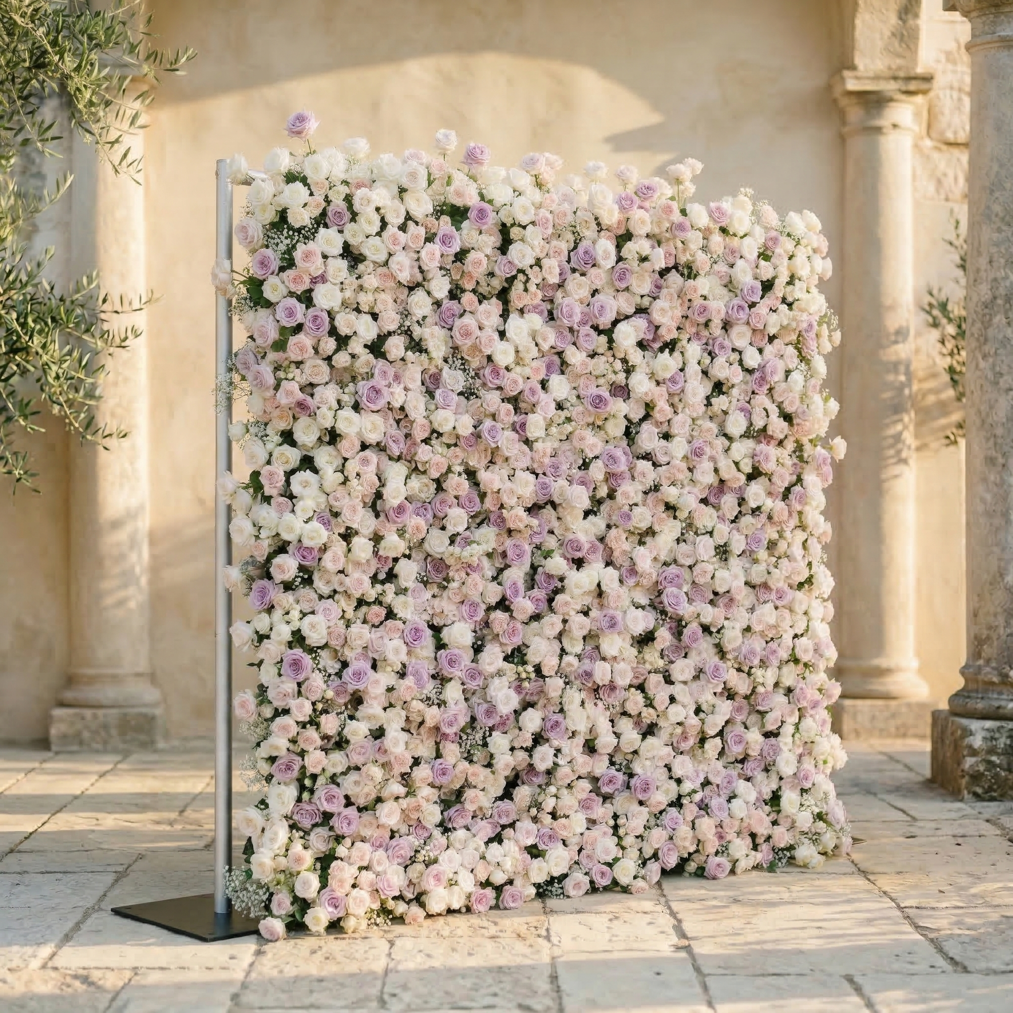 Alirae: 5D Sweet Lilac & Cream Silk Rose Flower Wall Roll-Up Fabric Backdrop for Elegant Anniversary & Event Decor Free Shipping