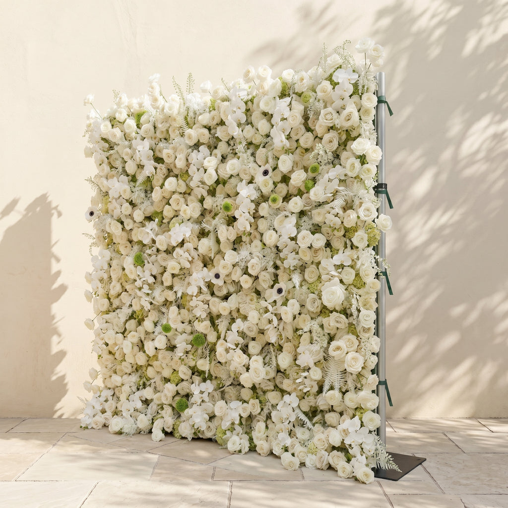 Arelette: Luxury 4D White & Green Silk Floral Wall Backdrop with Premium Orchids & Ranunculus for Modern Weddings Free Shipping