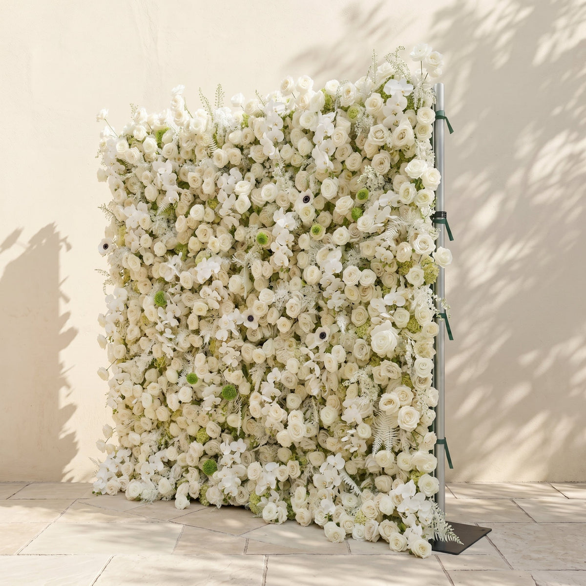 Arelette: Luxury 4D White & Green Silk Floral Wall Backdrop with Premium Orchids & Ranunculus for Modern Weddings Free Shipping