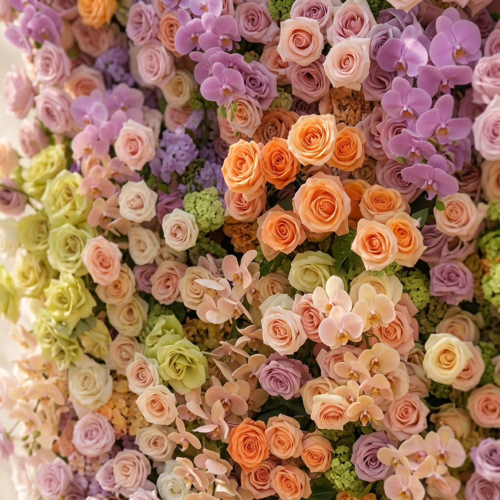 Camilvella: Premium 5D Pastel Rainbow Silk Flower Wall with Cascading Orchids & Hydrangeas for Modern Dreamy Parties Free Shipping