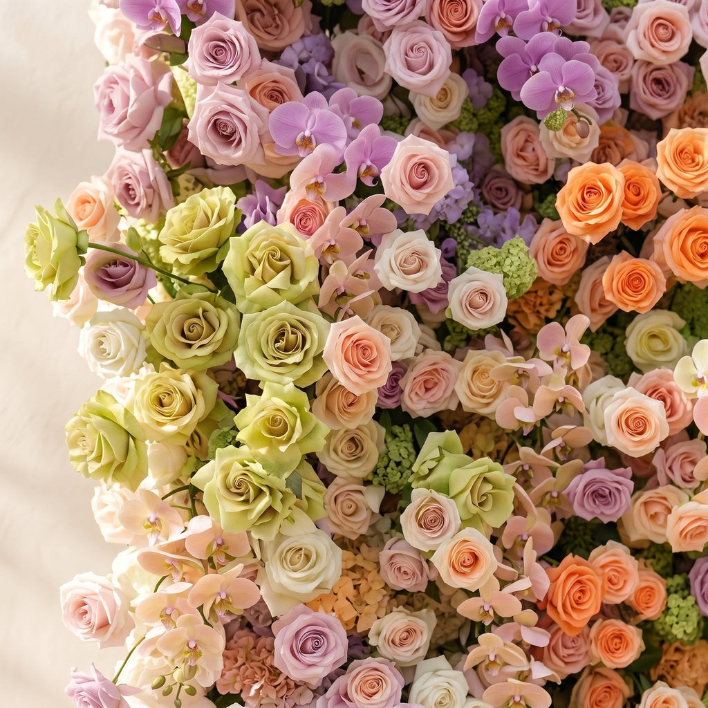 Camilvella: Premium 5D Pastel Rainbow Silk Flower Wall with Cascading Orchids & Hydrangeas for Modern Dreamy Parties Free Shipping
