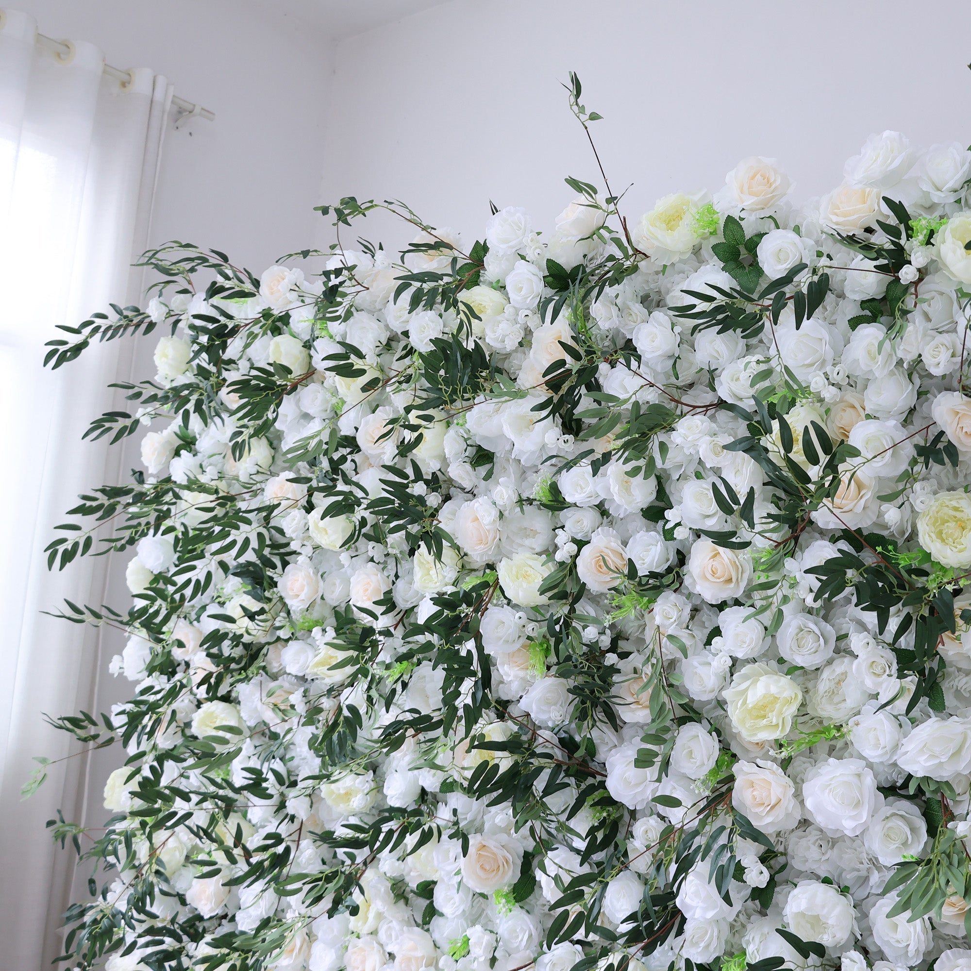 Cream & Greenery Floral Extravaganza Wall: A Timeless. Elegant Masterpiece for Sophisticated Celebrations | VF-545