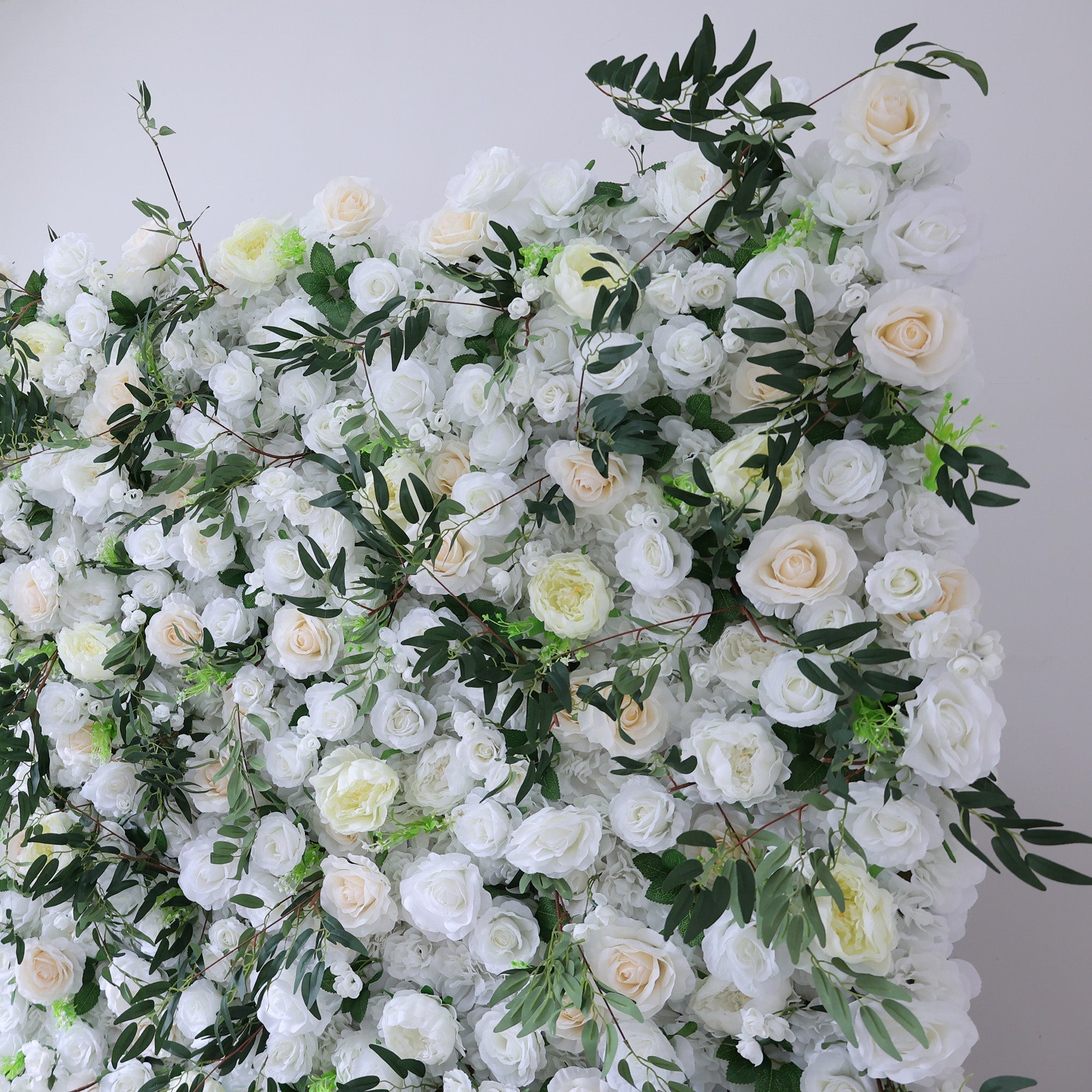 Cream & Greenery Floral Extravaganza Wall: A Timeless. Elegant Masterpiece for Sophisticated Celebrations | VF-545