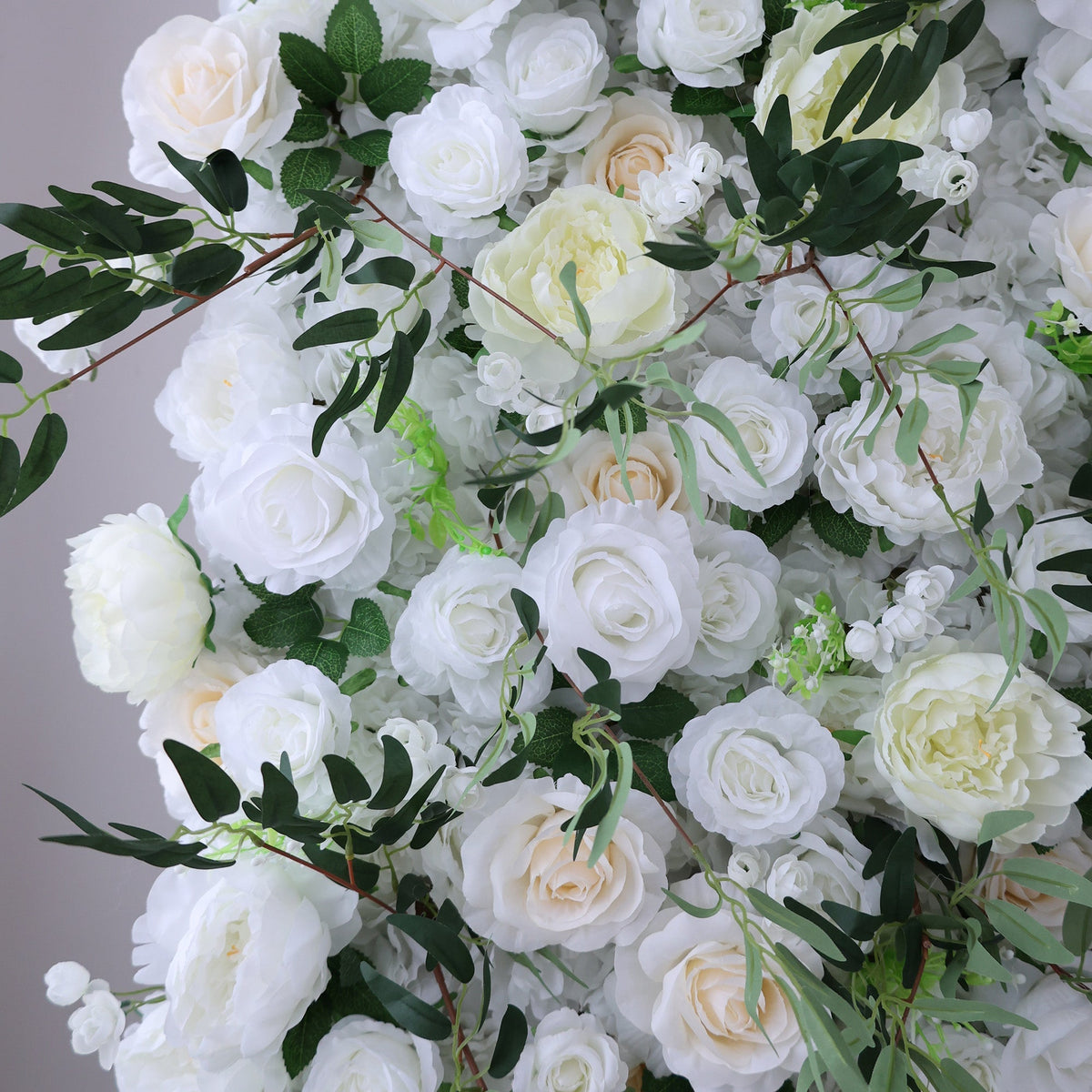 Cream & Greenery Floral Extravaganza Wall: A Timeless. Elegant Masterpiece for Sophisticated Celebrations | VF-545