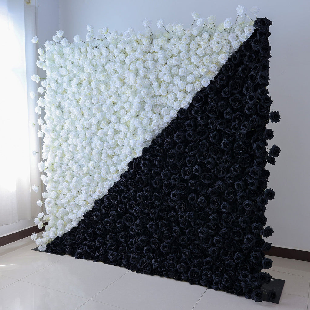 Dramatic Diagonal Split Black and White Artificial Floral Roll - Up Fabric Backdrop: A Must - Have for Prom. Graduation Party. and Event Photography | VF-554