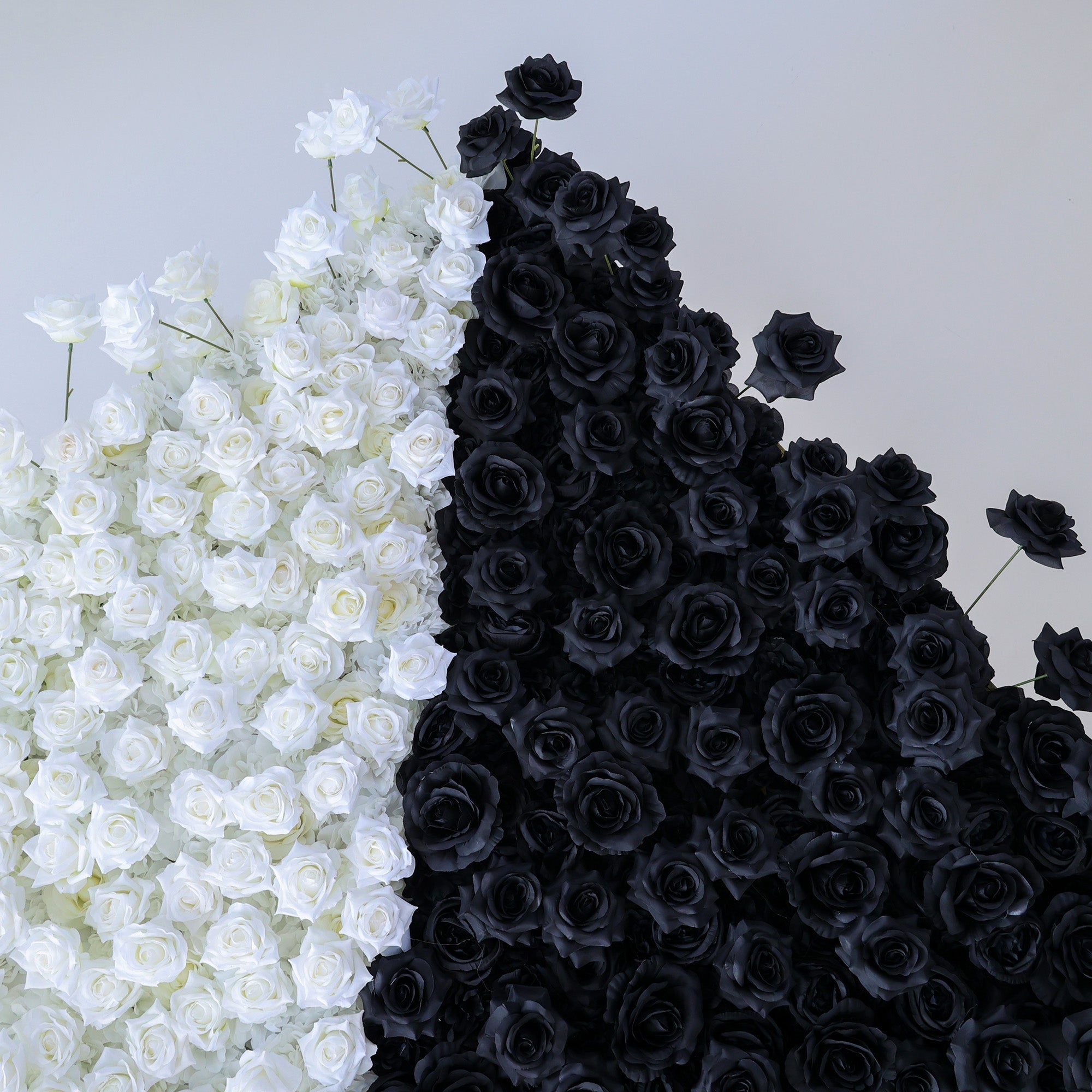 Dramatic Diagonal Split Black and White Artificial Floral Roll - Up Fabric Backdrop: A Must - Have for Prom. Graduation Party. and Event Photography | VF-554