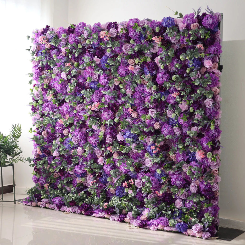 Roll Up Fabric Artificial Purple Flower Wall Wedding Backdrop. Floral Party Decor. Event Photography | VF-192