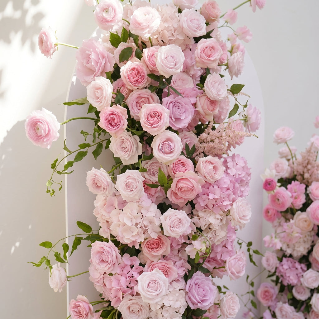 Thora: Pink Rose Ranunculus Wedding Background Arch KT Backdrop Decorative Flower Row Excludes Frame