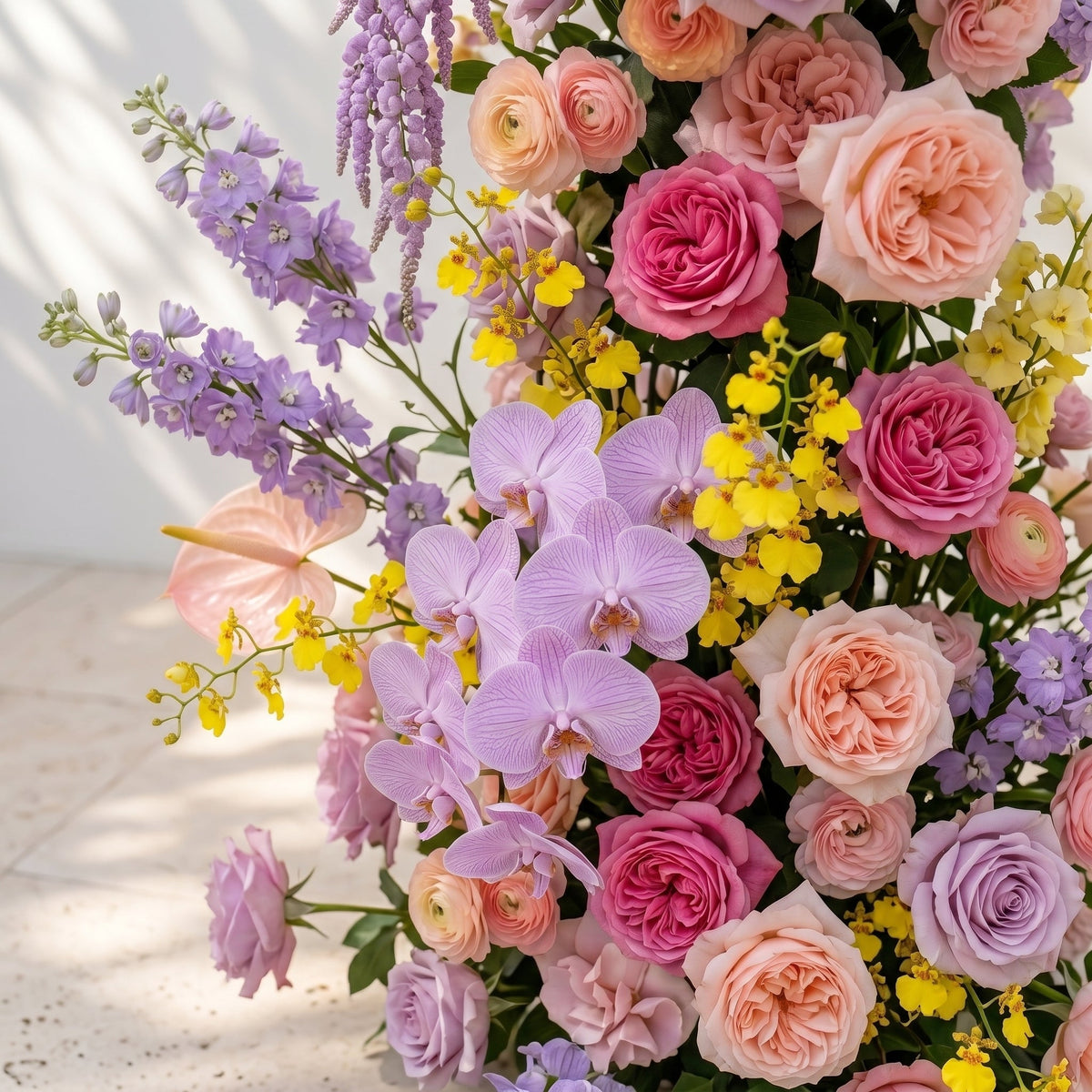 Brimira: Luxury Lavender Purple, Peach Orange & Blush Pink Silk Floral Ground Horn Arch Arrangement with Soft Blue Orchid & Lush Cascading Greenery for Romantic Minimalist Weddings & Garden Event Decor Including Frame