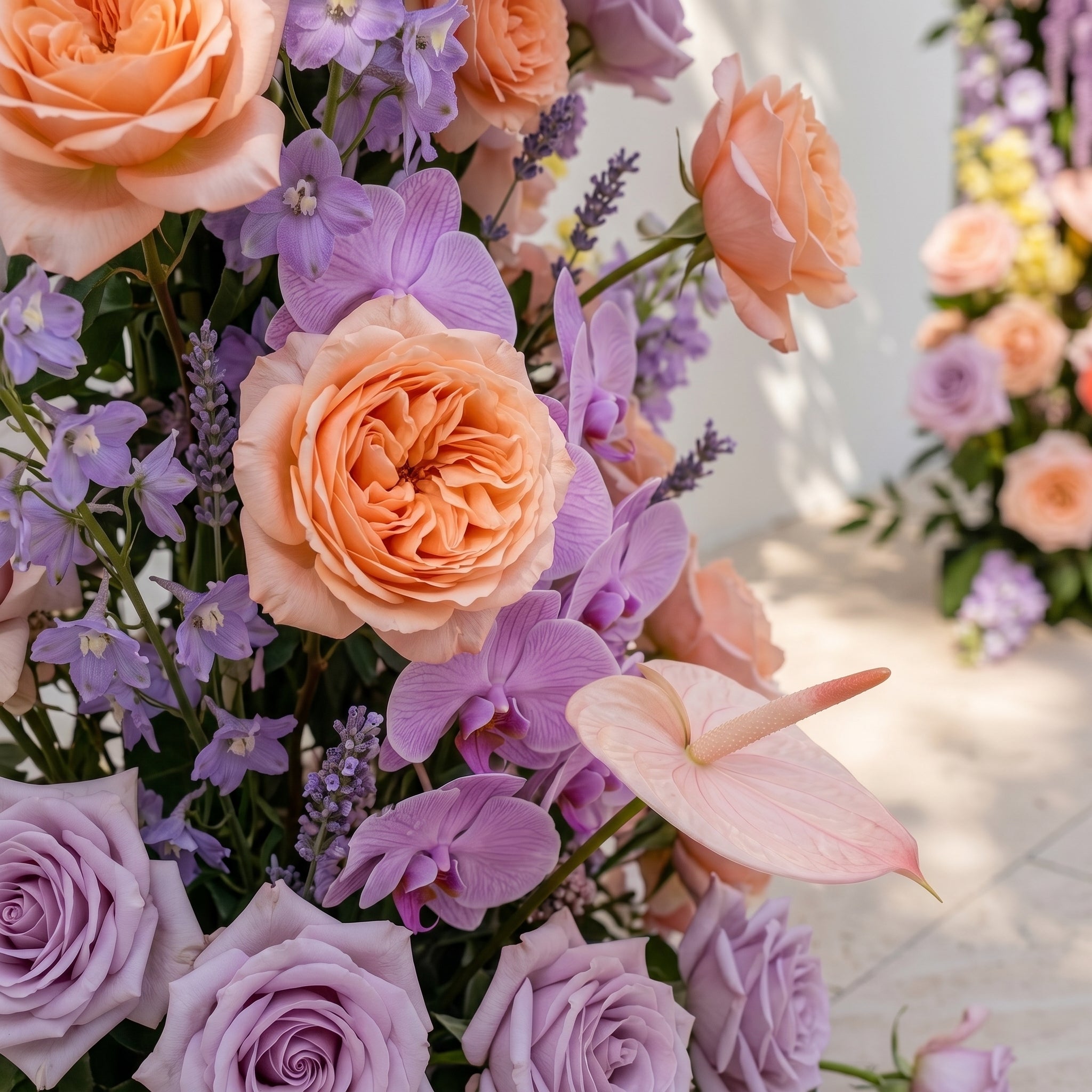 Brimira: Luxury Lavender Purple, Peach Orange & Blush Pink Silk Floral Ground Horn Arch Arrangement with Soft Blue Orchid & Lush Cascading Greenery for Romantic Minimalist Weddings & Garden Event Decor Including Frame