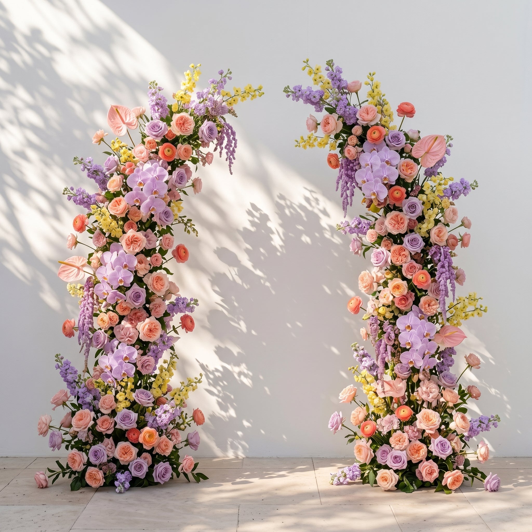 Brimira: Luxury Lavender Purple, Peach Orange & Blush Pink Silk Floral Ground Horn Arch Arrangement with Soft Blue Orchid & Lush Cascading Greenery for Romantic Minimalist Weddings & Garden Event Decor Including Frame