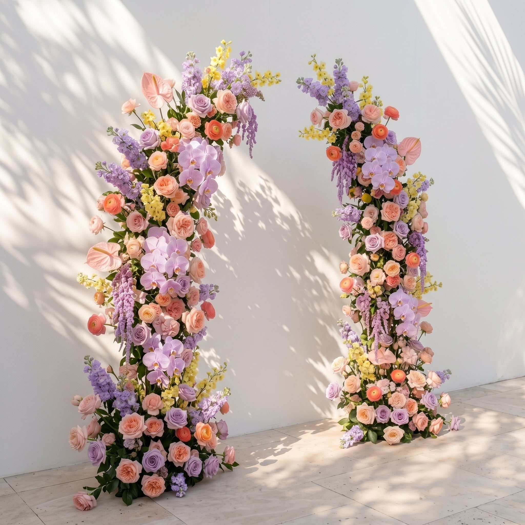 Brimira: Luxury Lavender Purple, Peach Orange & Blush Pink Silk Floral Ground Horn Arch Arrangement with Soft Blue Orchid & Lush Cascading Greenery for Romantic Minimalist Weddings & Garden Event Decor Including Frame