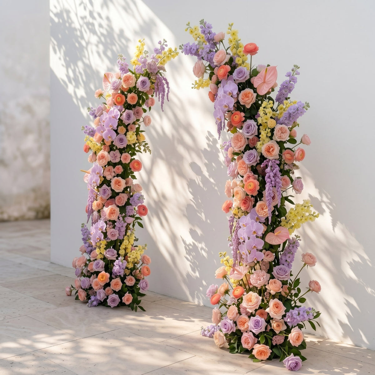 Brimira: Luxury Lavender Purple, Peach Orange & Blush Pink Silk Floral Ground Horn Arch Arrangement with Soft Blue Orchid & Lush Cascading Greenery for Romantic Minimalist Weddings & Garden Event Decor Including Frame
