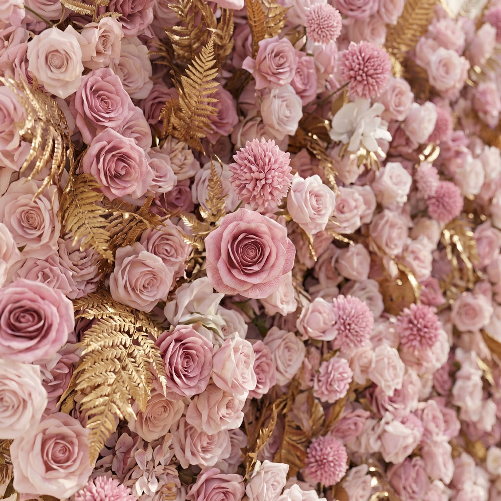 Caelina:Opulent 5D All-Pink Floral Wall with Gold Fern Accents Roll-Up Backdrop for Whimsical Bridal Events Free Shipping