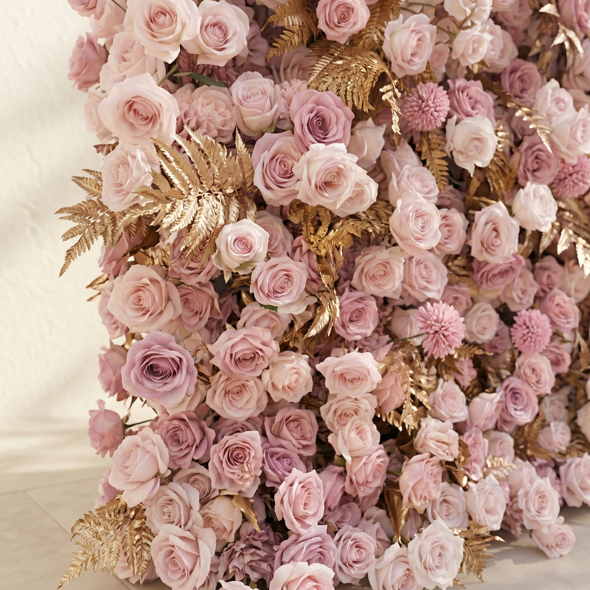 Caelina:Opulent 5D All-Pink Floral Wall with Gold Fern Accents Roll-Up Backdrop for Whimsical Bridal Events Free Shipping