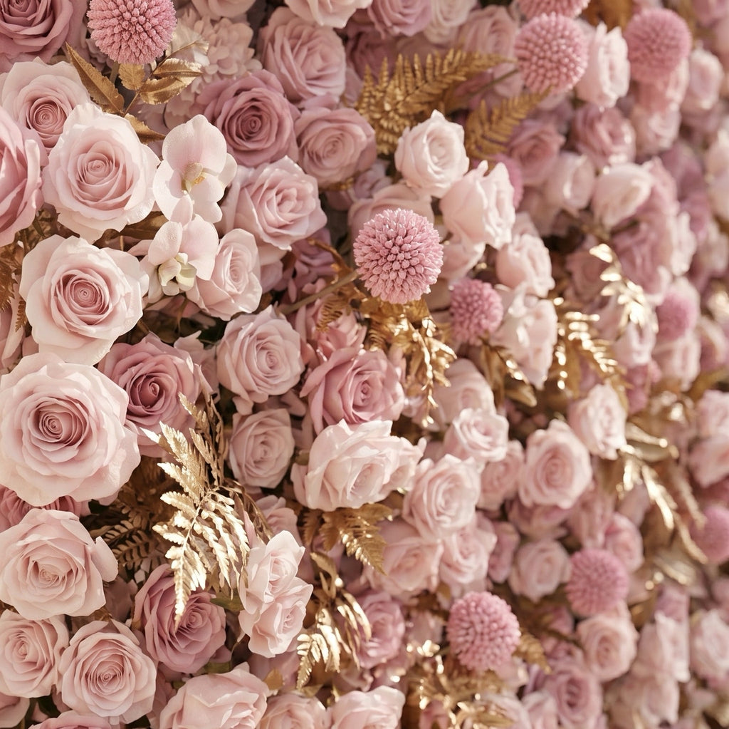 Caelina:Opulent 5D All-Pink Floral Wall with Gold Fern Accents Roll-Up Backdrop for Whimsical Bridal Events Free Shipping
