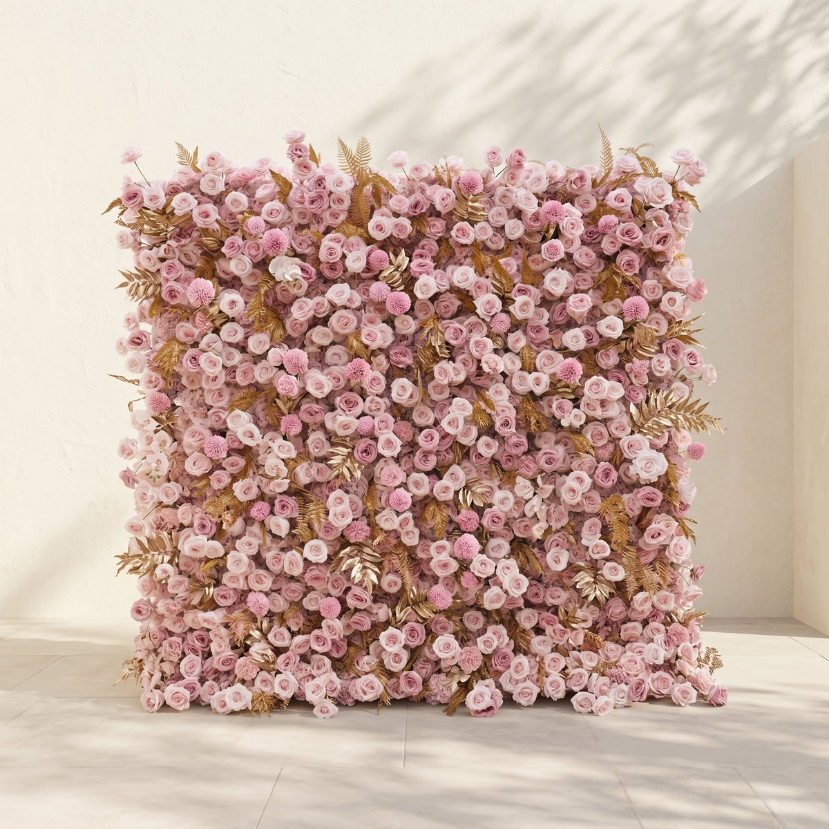 Caelina:Opulent 5D All-Pink Floral Wall with Gold Fern Accents Roll-Up Backdrop for Whimsical Bridal Events Free Shipping