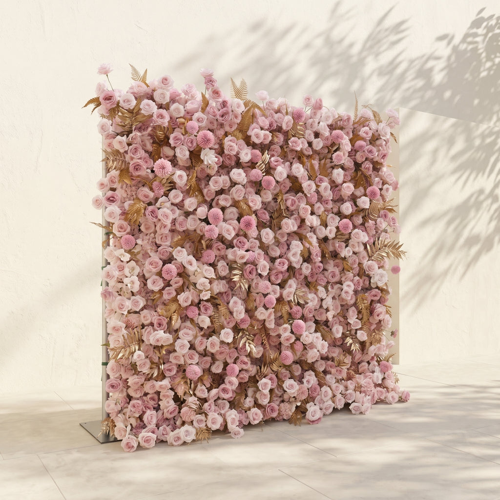 Caelina:Opulent 5D All-Pink Floral Wall with Gold Fern Accents Roll-Up Backdrop for Whimsical Bridal Events Free Shipping