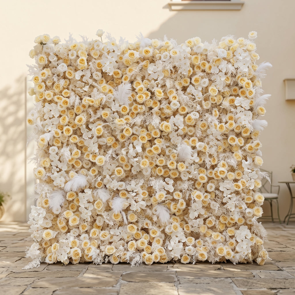 Caelsira: Luxury 5D Champagne & Cream Silk Rose Flower Wall Roll-Up Fabric Backdrop for Grand Estate Weddings Free Shipping