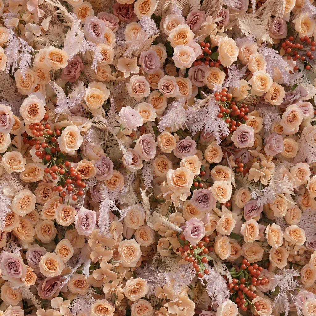 Valsira: Luxury 5D Champagne & Peach Silk Rose Flower Wall with Autumn Berries for Romantic Manor Weddings Free Shipping