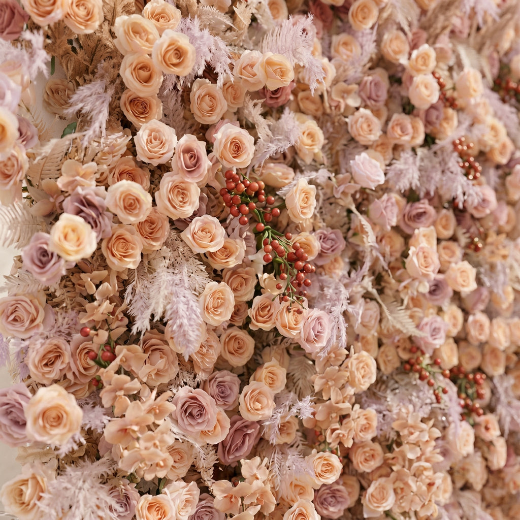 Valsira: Luxury 5D Champagne & Peach Silk Rose Flower Wall with Autumn Berries for Romantic Manor Weddings Free Shipping