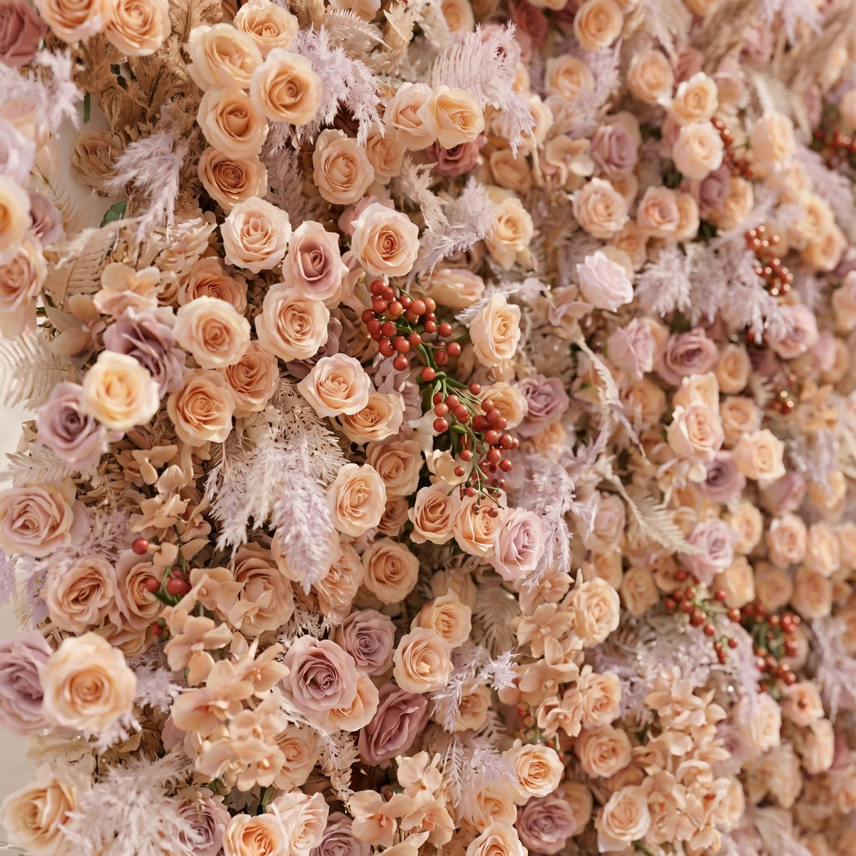 Valsira: Luxury 5D Champagne & Peach Silk Rose Flower Wall with Autumn Berries for Romantic Manor Weddings Free Shipping
