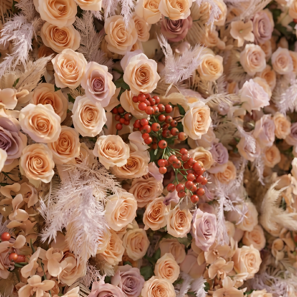 Valsira: Luxury 5D Champagne & Peach Silk Rose Flower Wall with Autumn Berries for Romantic Manor Weddings Free Shipping