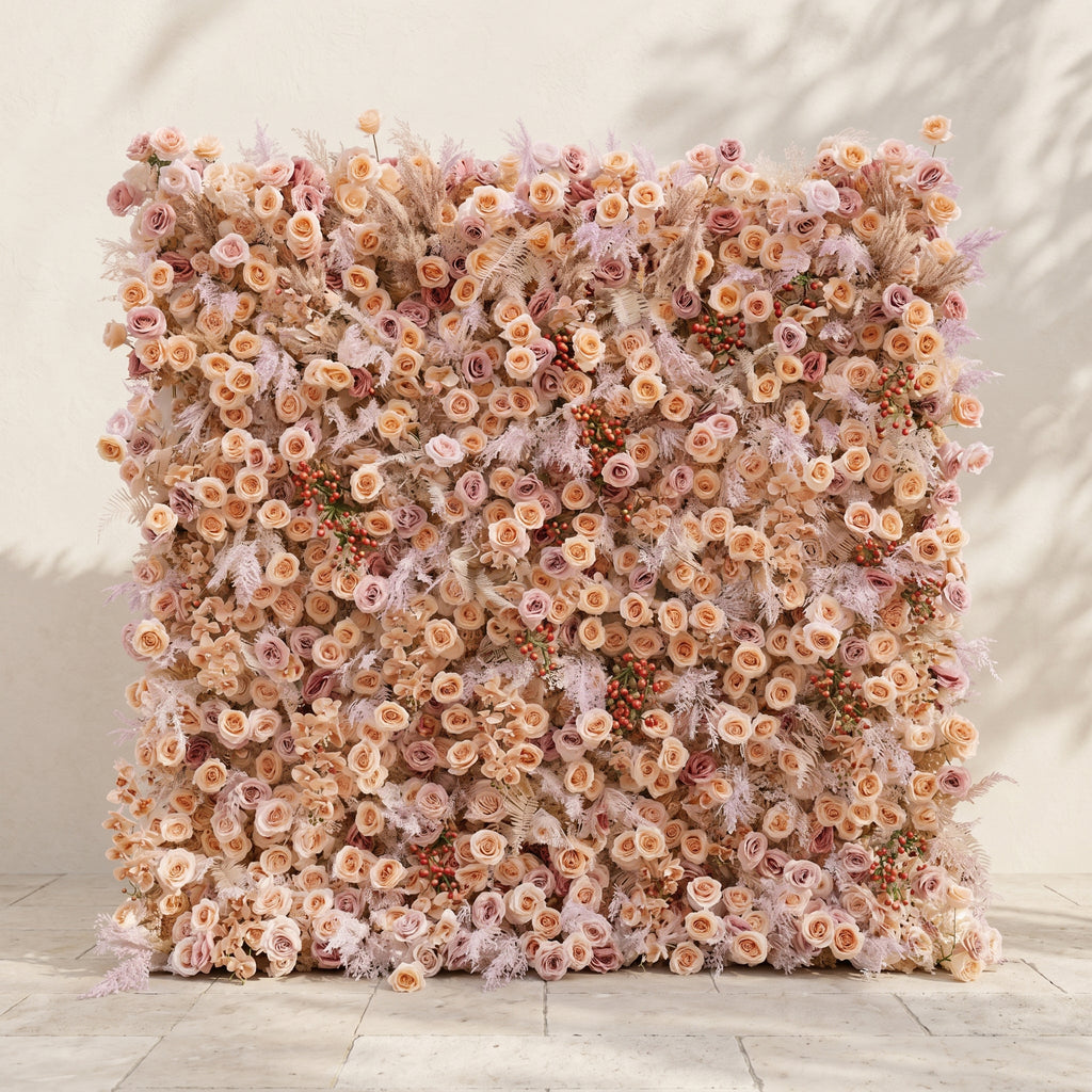 Valsira: Luxury 5D Champagne & Peach Silk Rose Flower Wall with Autumn Berries for Romantic Manor Weddings Free Shipping