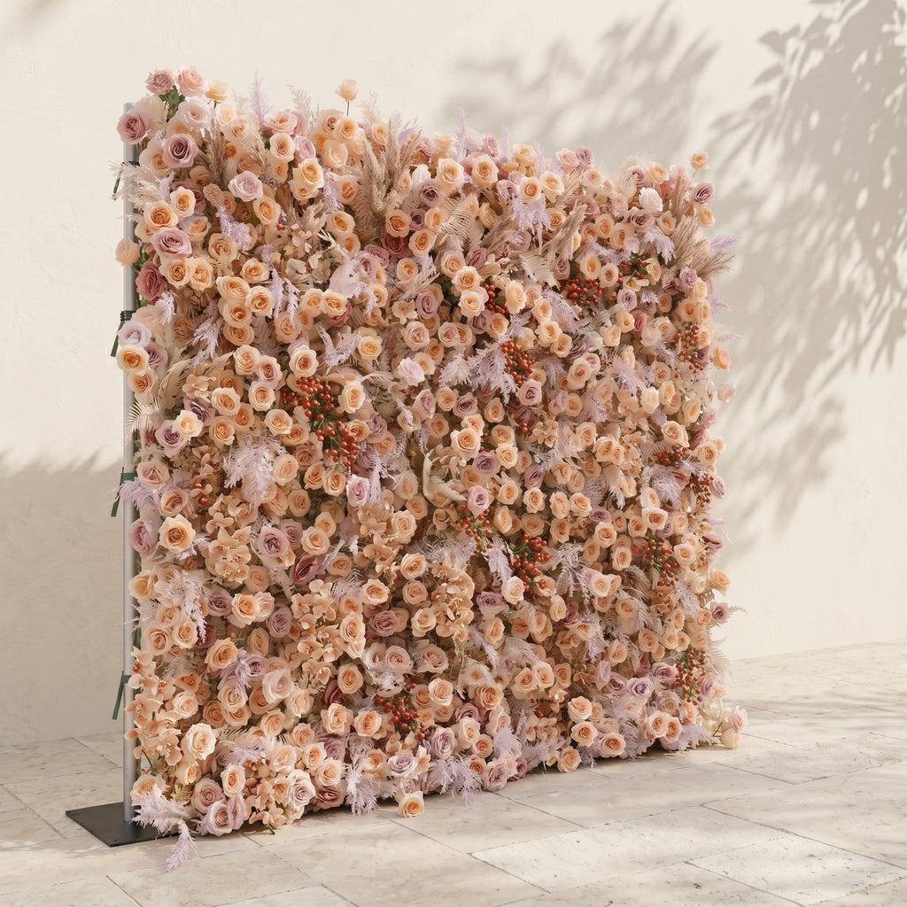 Valsira: Luxury 5D Champagne & Peach Silk Rose Flower Wall with Autumn Berries for Romantic Manor Weddings Free Shipping