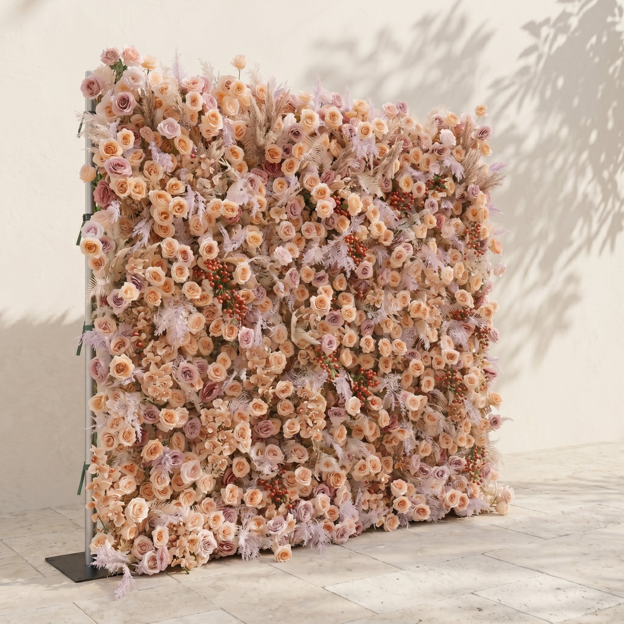 Valsira: Luxury 5D Champagne & Peach Silk Rose Flower Wall with Autumn Berries for Romantic Manor Weddings Free Shipping