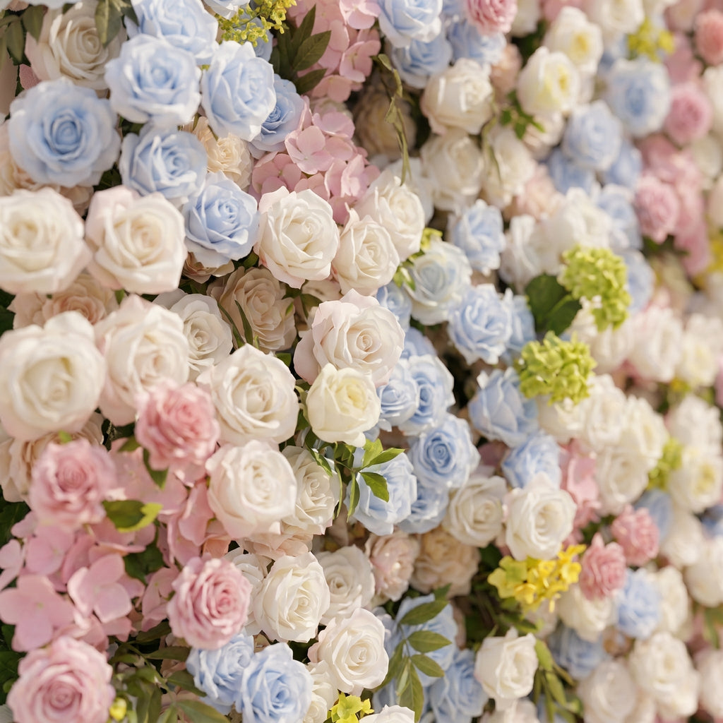 Calora:5D Dusty Blue, Blush Pink & Ivory White Silk Rose Flower Wall Roll-Up Fabric Backdrop for Romantic Weddings & Proposals Free Shipping