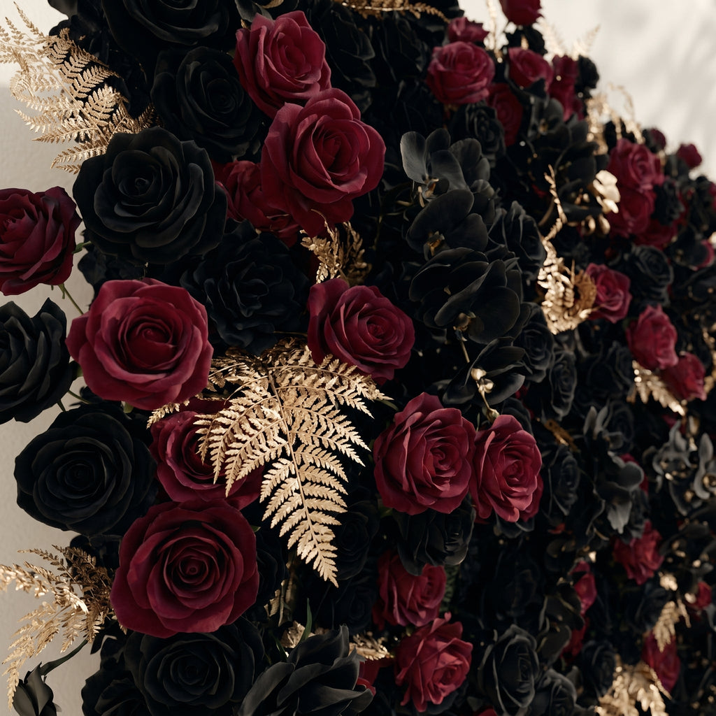 Camilavia: Luxury 5D Black, Burgundy & Gold Silk Floral Wall Roll-Up Backdrop for Opulent Gothic Weddings Free Shipping