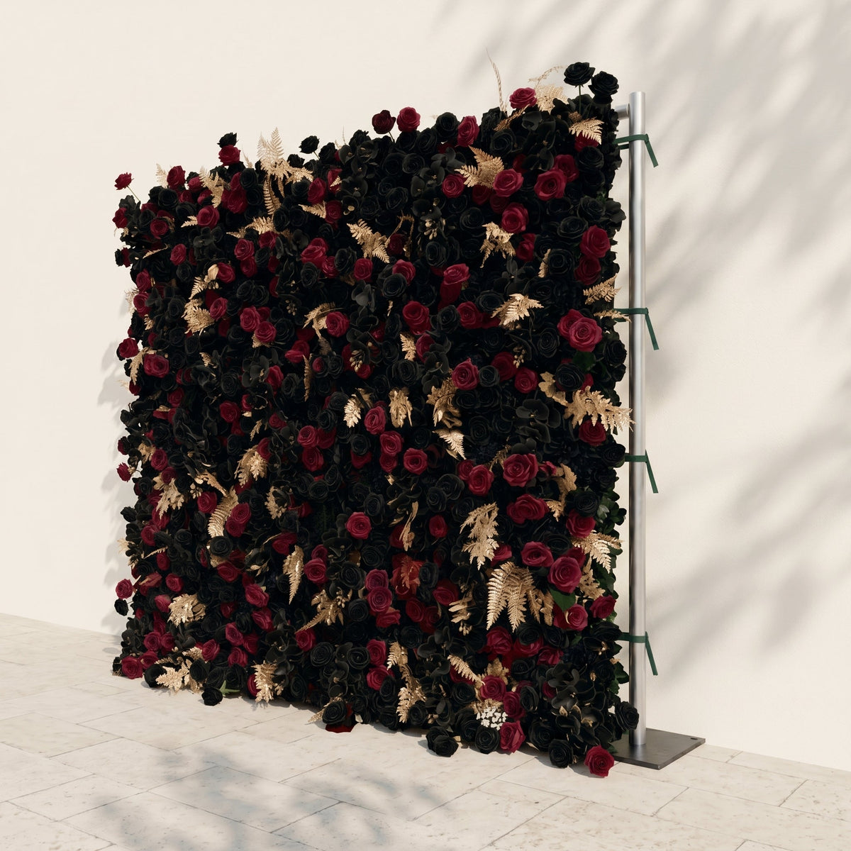 Camilavia: Luxury 5D Black, Burgundy & Gold Silk Floral Wall Roll-Up Backdrop for Opulent Gothic Weddings Free Shipping