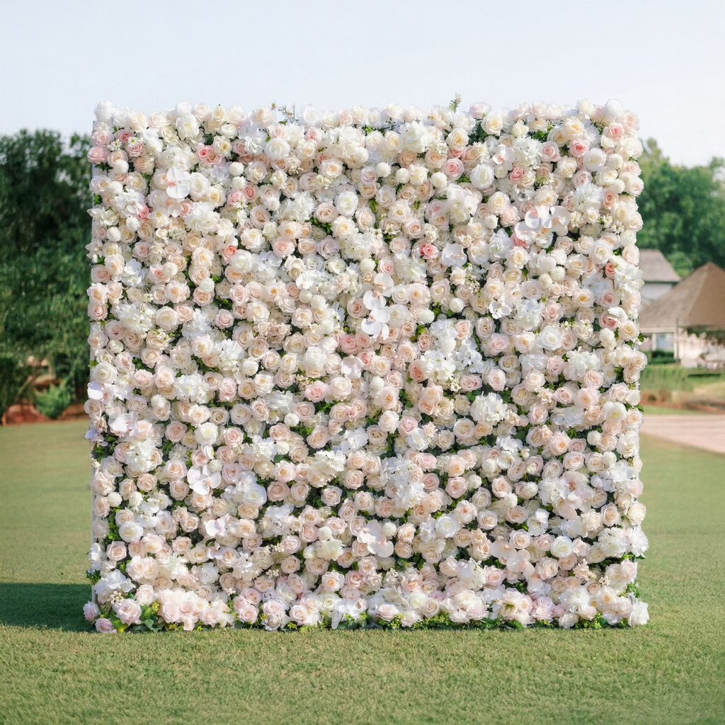Casey: Premium 5D Soft Blush & White Silk Floral Wall Roll-Up Fabric Backdrop for Dreamy Garden Ceremonies & Elegant Wedding Free Shipping