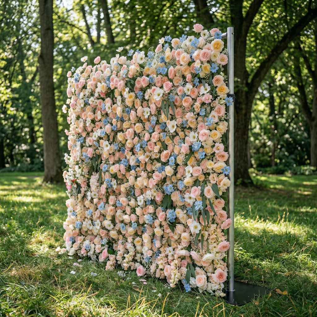 Coralie: 5D Peach & Baby Blue Silk Floral Wall Roll-Up Fabric Backdrop for Dreamy Wedding & Birthday Party Party Free Shipping