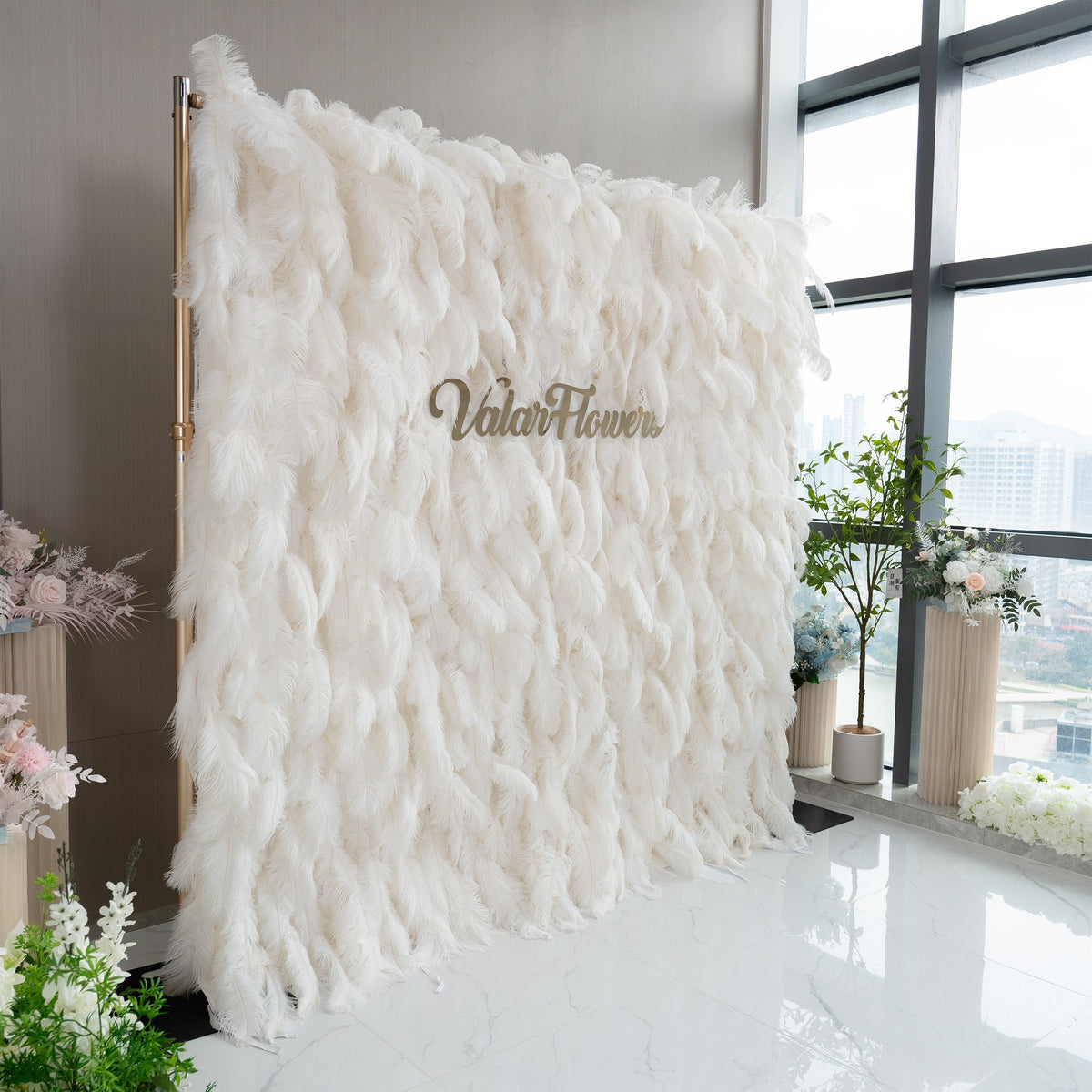 Artificial Floral Wall Backdrop: Celestial White Feather Dreamscape - The Ethereal Whisper Collection for Luxurious Weddings and Events | VF-164-WHITE