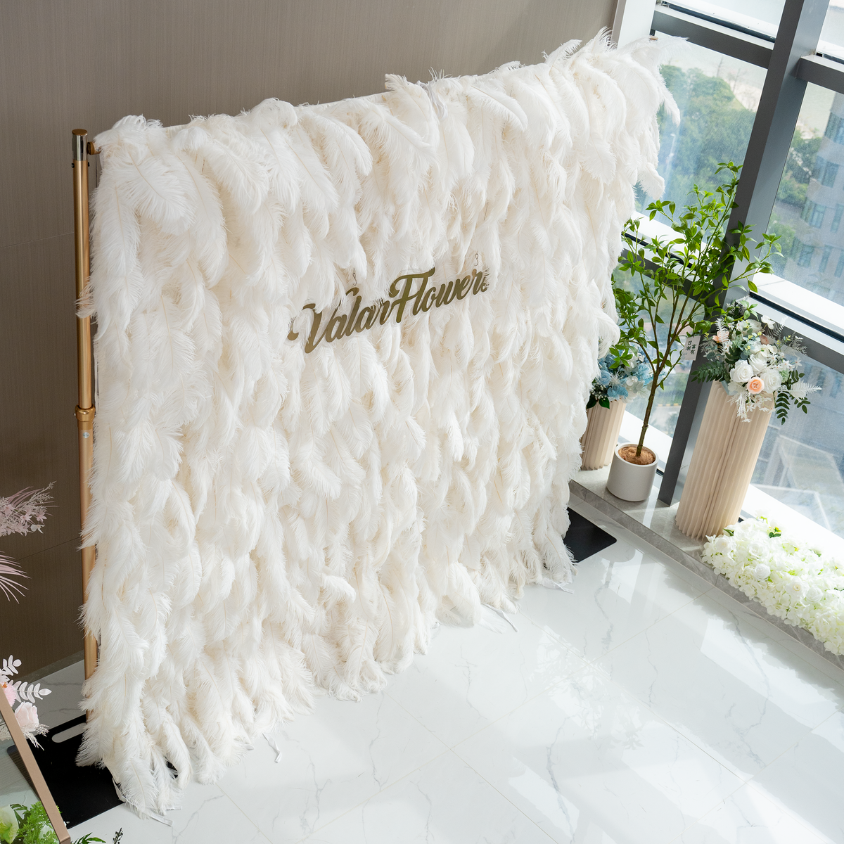 Artificial Floral Wall Backdrop: Celestial White Feather Dreamscape - The Ethereal Whisper Collection for Luxurious Weddings and Events | VF-164-WHITE