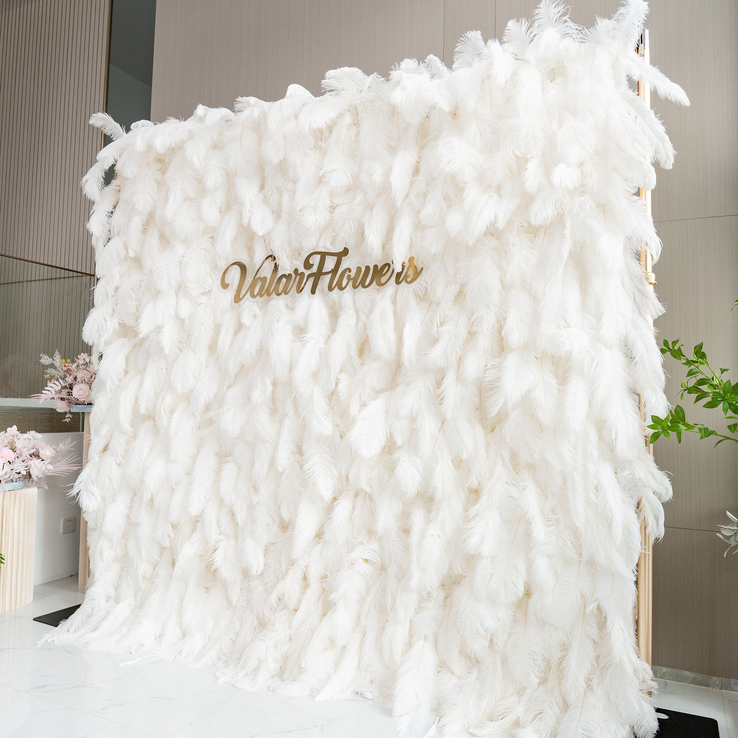 Artificial Floral Wall Backdrop: Celestial White Feather Dreamscape - The Ethereal Whisper Collection for Luxurious Weddings and Events | VF-164-WHITE