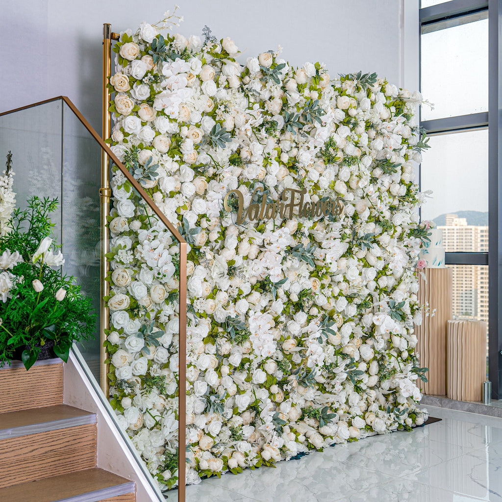 Roll Up Fabric Gorgeous Artificial Flower Wall - The White & Green Epitome of Wedding and Event Decoration | VF-801