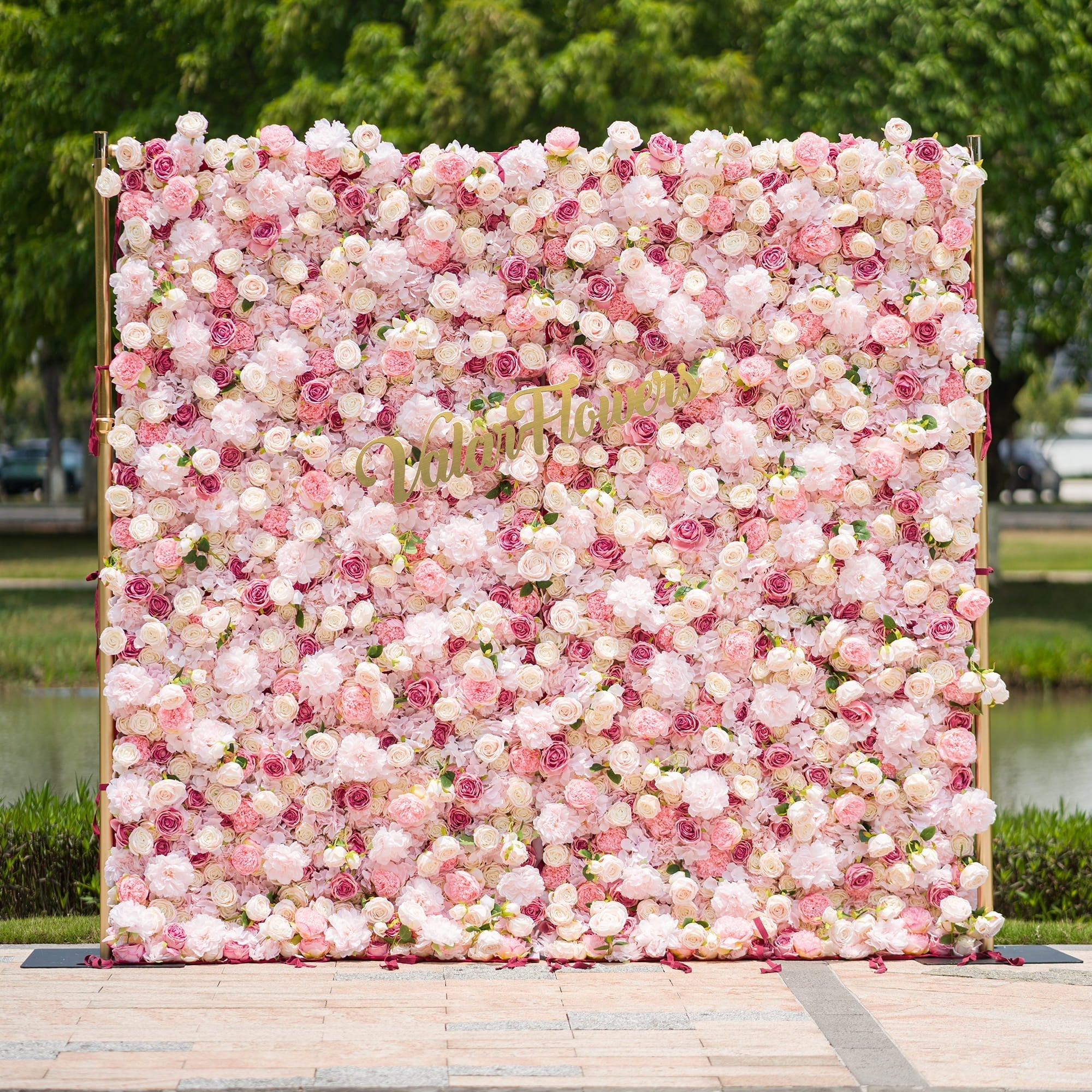 Roll Up Fabric Artificial Variety Of Pink And Cream Floral Bridal Shower Backdrop - Captivating Flowers Photography Arranged Party Event Decor | VF-503